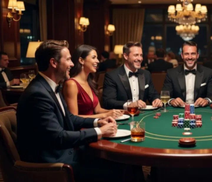 Atmosférický večer s pokerovými stoly, hosty u koktejlů a jemným ambientním osvětlením