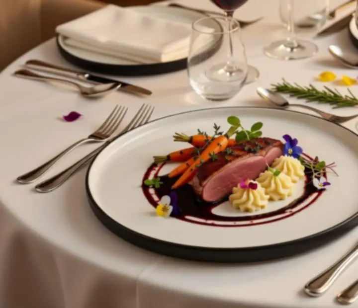 Gurmánsky naservírované jídlo v luxusní restauraci připravené pro narozeninové menu