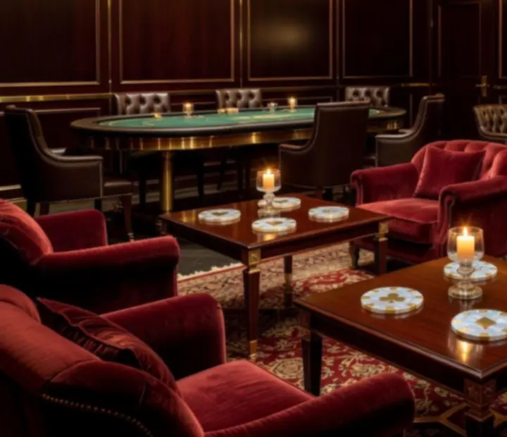 Soukromý lounge s elegantním sezením připravený pro narozeninovou oslavu s pokerovým večerem