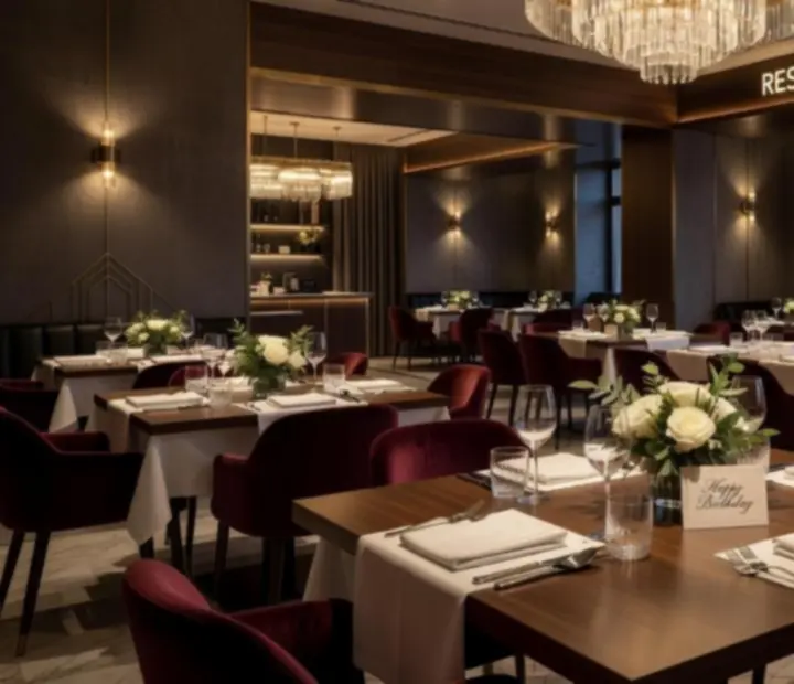 Elegantně prostřený stůl v luxusní restauraci připravený pro narozeninovou oslavu s pokerovým večerem