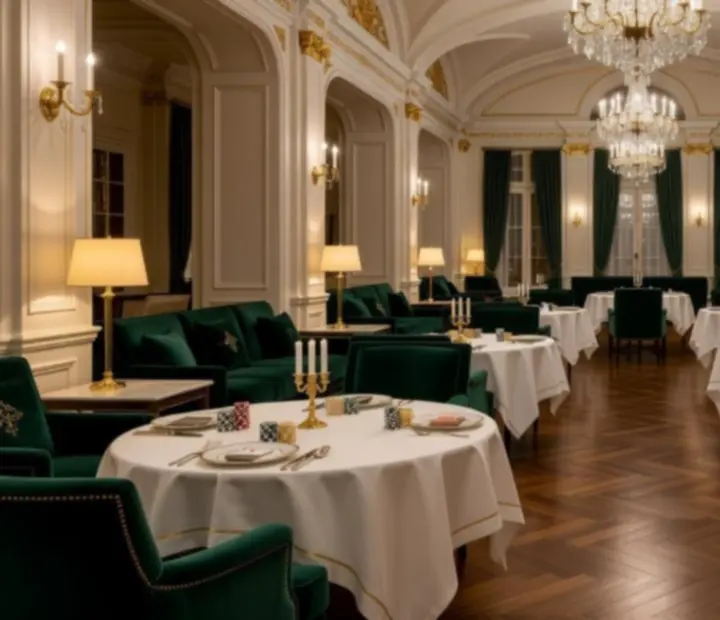Luxusní interiér boutique hotelu s restaurací připravenou na soukromý pokerový večer