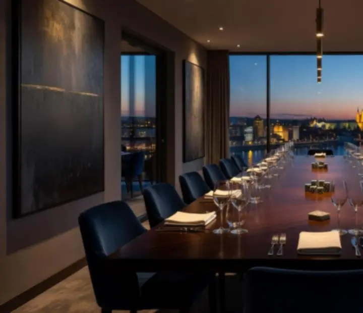 VIP salonek v designové restauraci připravený na firemní gala večeři s pokerovým večerem