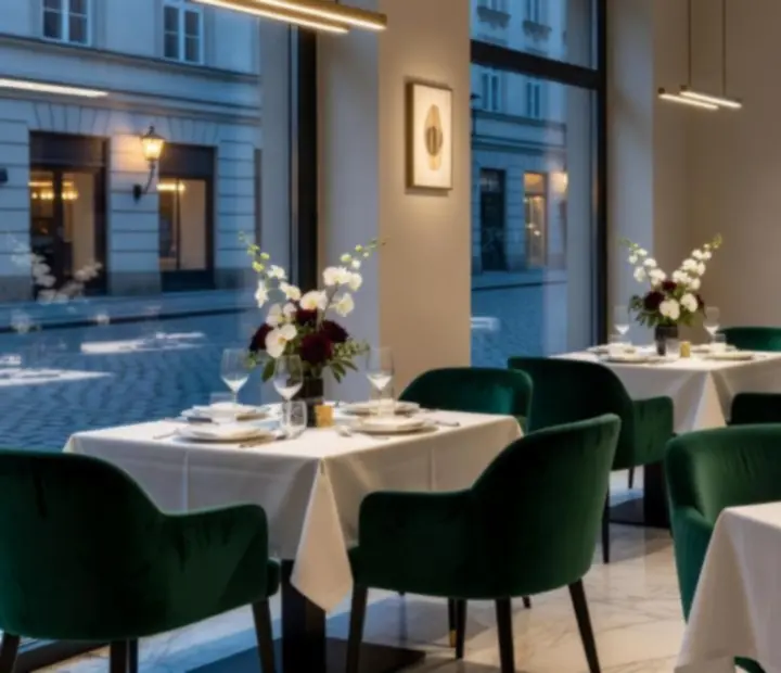 Elegantní interiér restaurace připravený pro večerní pokerovou společenskou akci