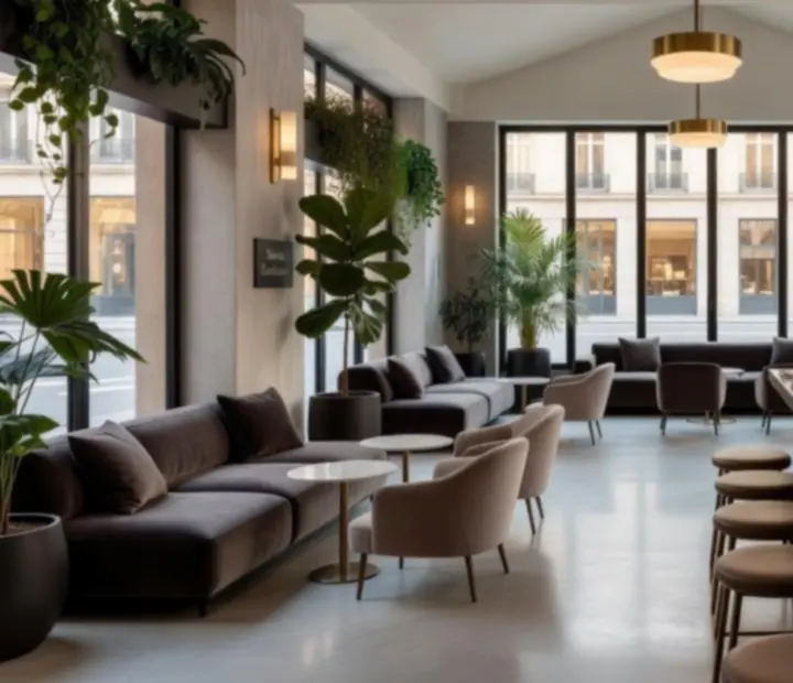 Elegantní restauranční interiér se sofistikovaným osvětlením a designovými detaily