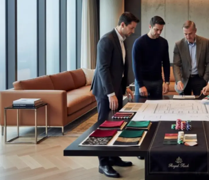 Event koordinátoři plánují uspořádání stolů a světel pro elegantní pokerový večer