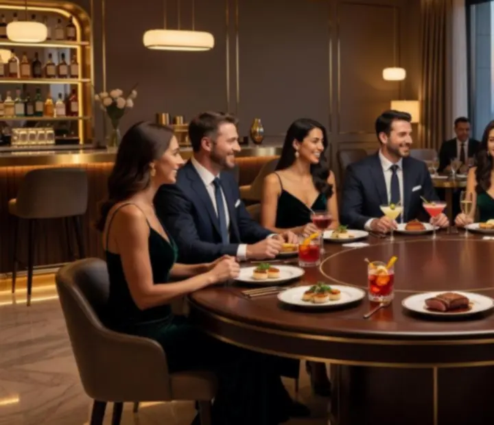 Elegantní restaurace s večerní pokerovou atmosférou a usměvavými hosty