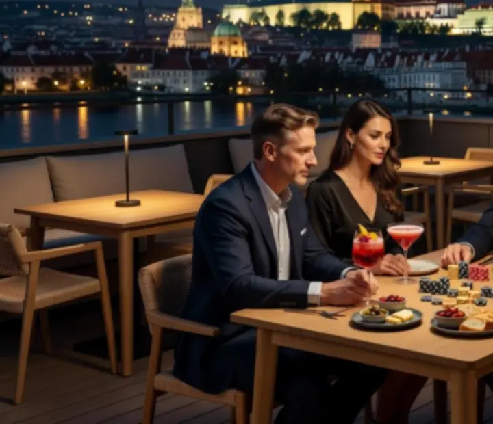 Stylová kavárna a rooftop restaurace s pokerovým večerem a výhledem na město