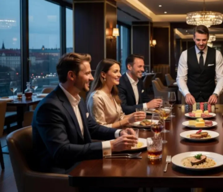 Luxusní restaurace s pokerovým stolem a gastronomickým servisem