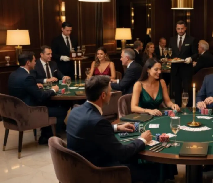 Moderně stylizovaný společenský pokerový večer v luxusní restauraci