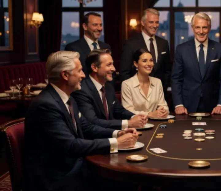 Tým hostitelů a koordinátorů během elegantního pokerového večera v luxusní restauraci