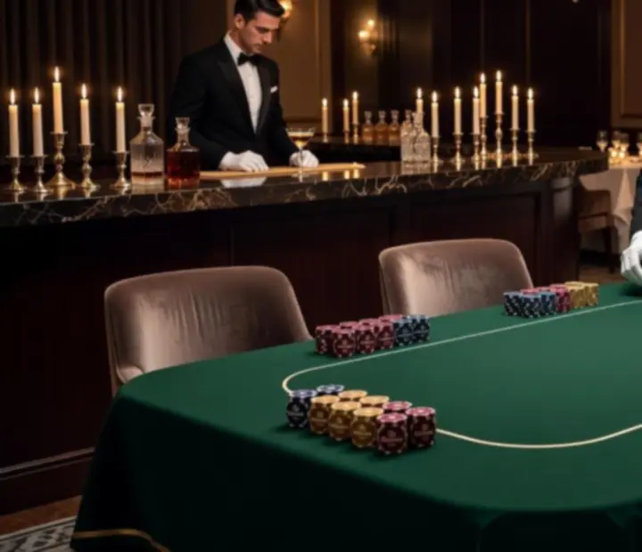 Privátní pokerový event setup s elegantní výzdobou a gastronomií