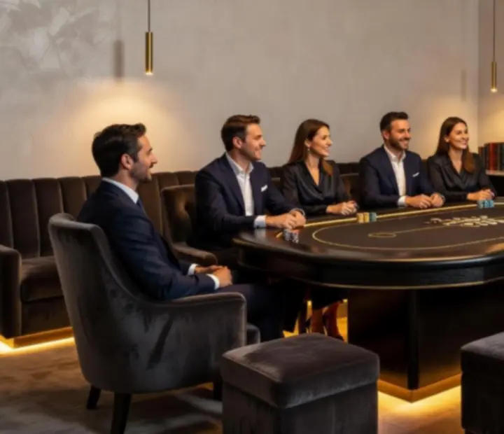 Soukromý pokerový lounge s elegantním osvětlením a připravenými pokerovými stoly