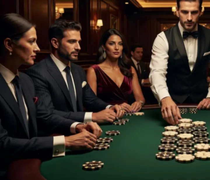 Profesionálně připravený pokerový stůl s krupiérem při VIP večeru