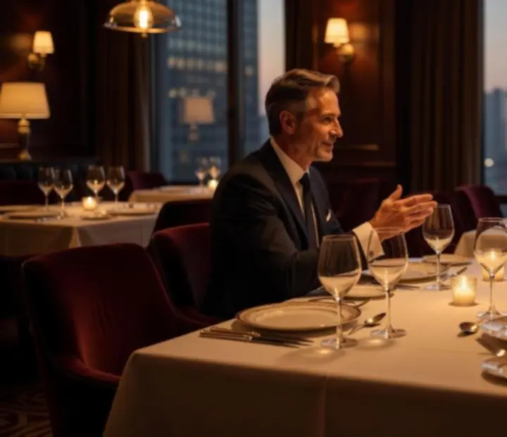 Večer u elegantně prostřeného stolu s pokerovými kartami a symbolickými žetony v luxusní restauraci