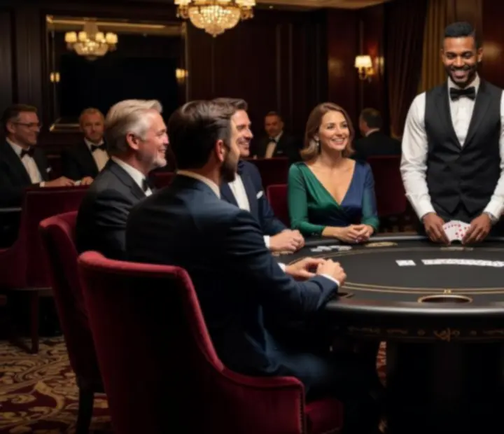 VIP lounge s luxusními křesly, tlumeným světlem a pokerovým stolem připraveným pro čistě společenskou hru