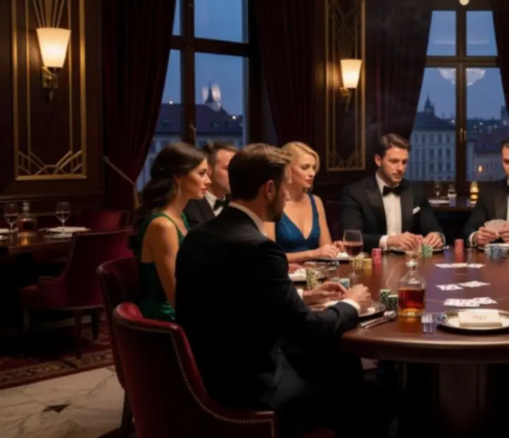 VIP pokerový večer v luxusní restauraci s elegantními stoly a hosty